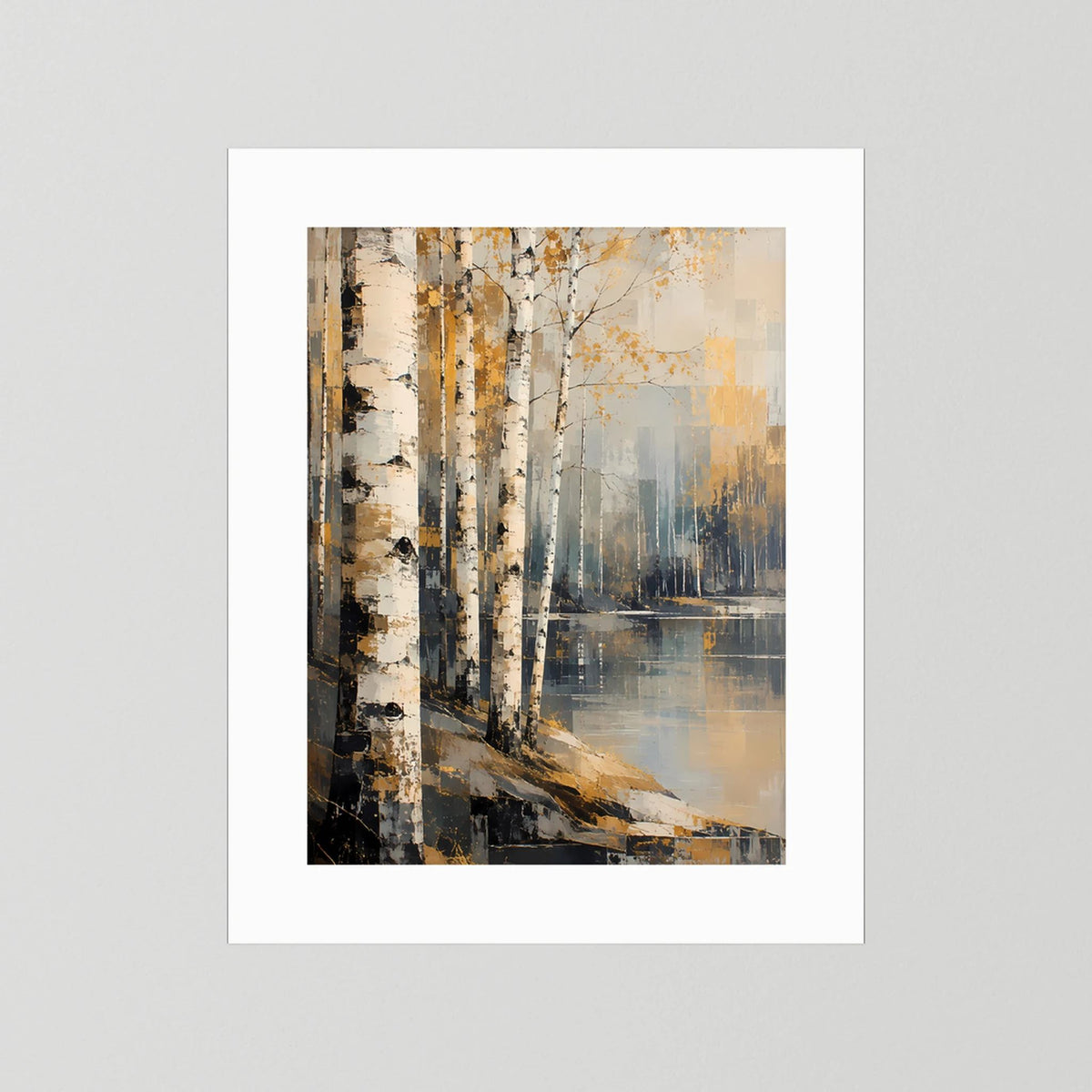 Poster im Hochformat mit abstrakter Birkenwaldszene in Gold und Beige, weißer Rand