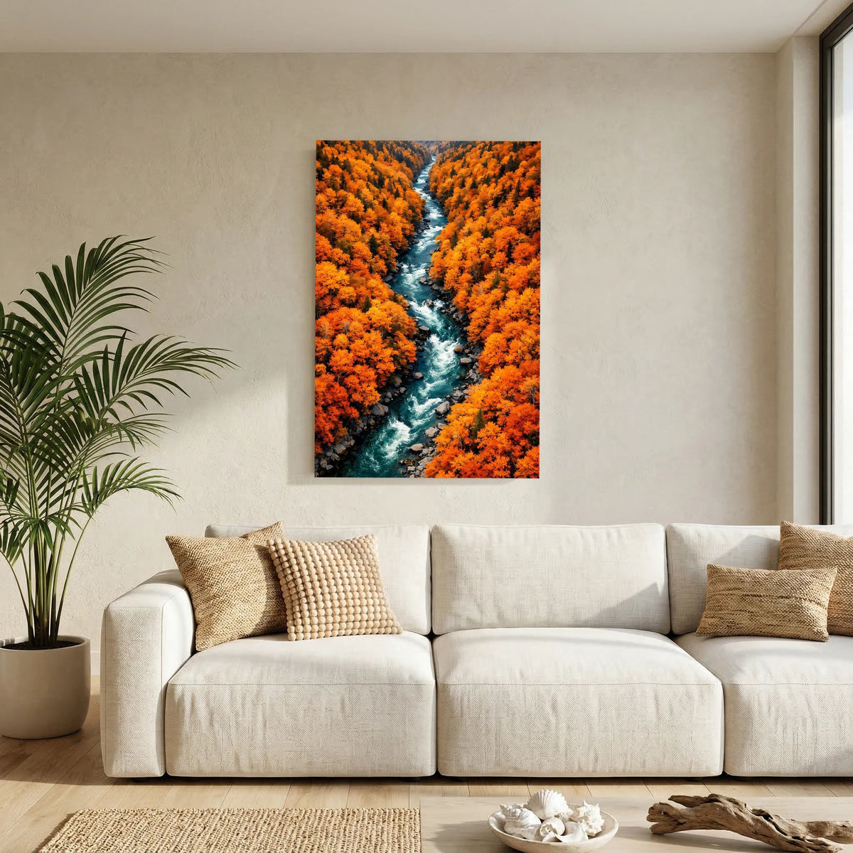 Hochformatiges Wandbild: Schlucht mit blauem Fluss zwischen orangefarbenen Bäumen
