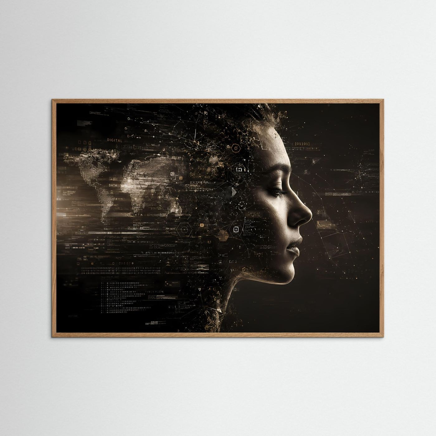 Querformat-Poster mit Frauenprofil in Schwarz und Gold, naturfarbener Holzrahmen