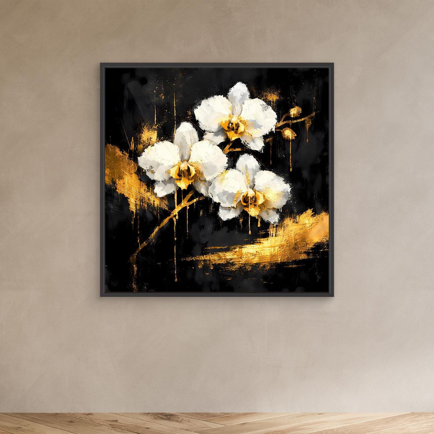 Leinwand Elegante Orchideen in Gold und Schwarz | Modernes Florales Luxus Wandbild