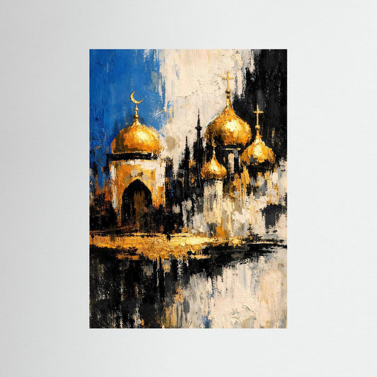 Abstraktes Poster mit goldenen Kuppeln und dunkler Silhouette, Hochformat