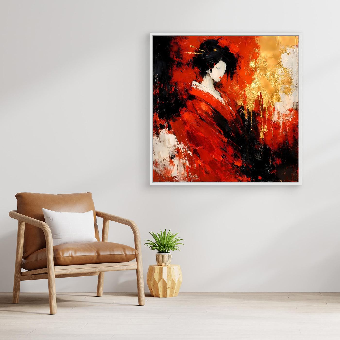 Leinwand Elegante Geisha im Roten Kimono | Abstraktes Asiatisches Wandbild Moderne Kunst