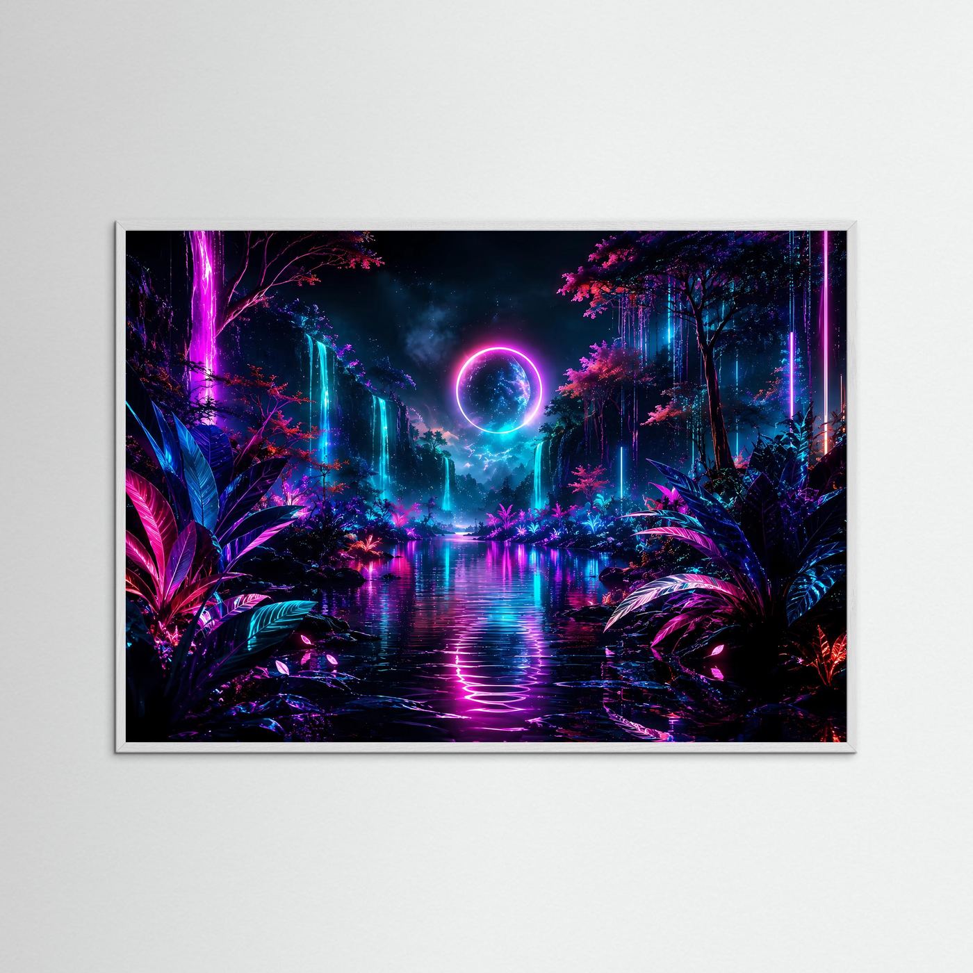 Neon Fantasy Landschaft Poster | Leuchtender Wasserfall Wandkunst | Futuristische Natur | Cyberpunk Landschaft in Pink & Blau