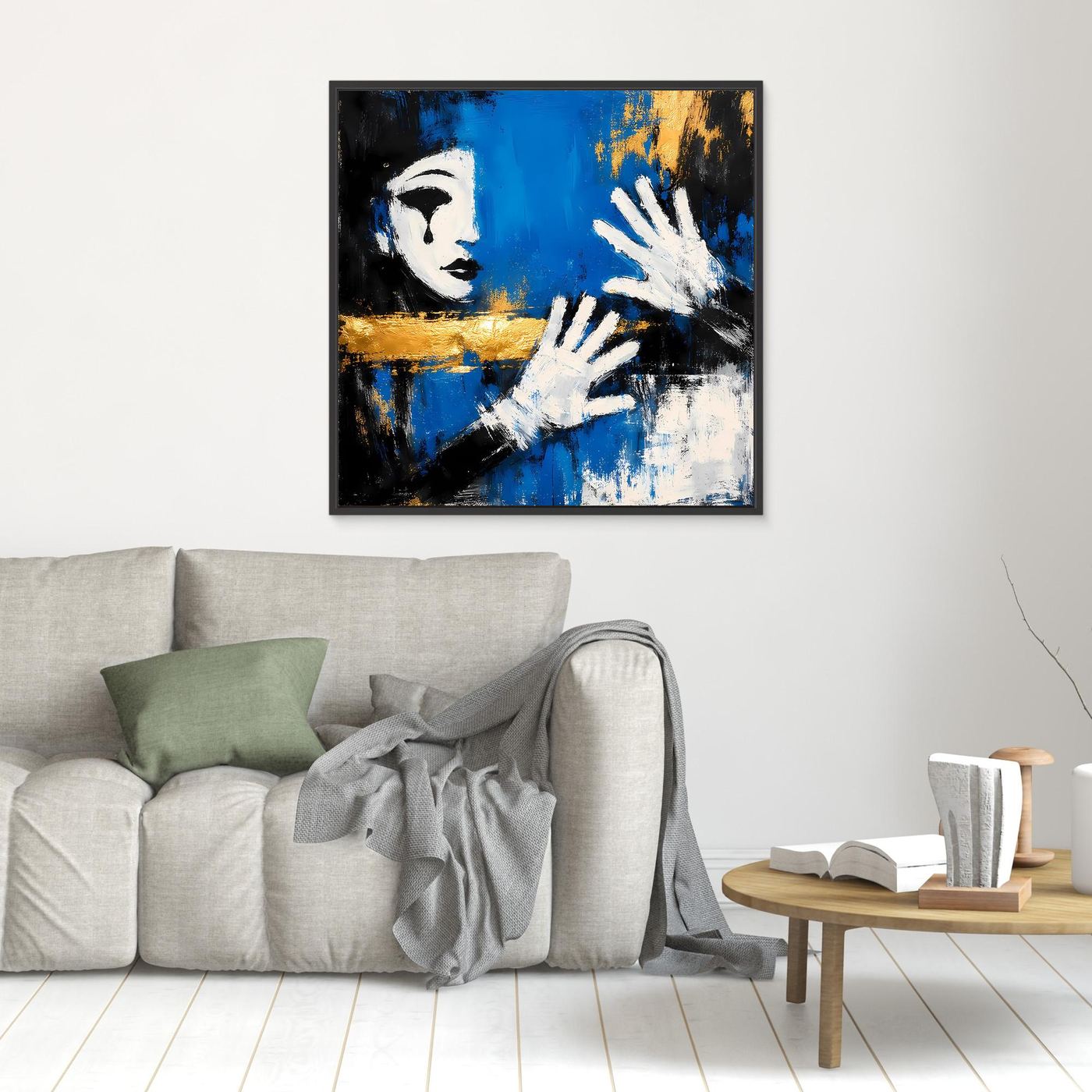 Leinwand Melancholischer Mime in Blau | Abstraktes Pierrot Wandbild Gold
