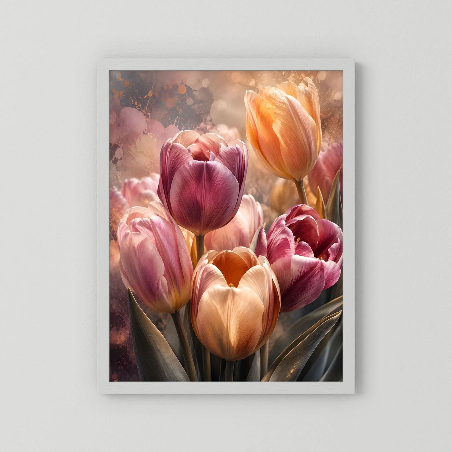Tulpenposter im weißen Rahmen, rosa und apricotfarbene Tulpenblüten.