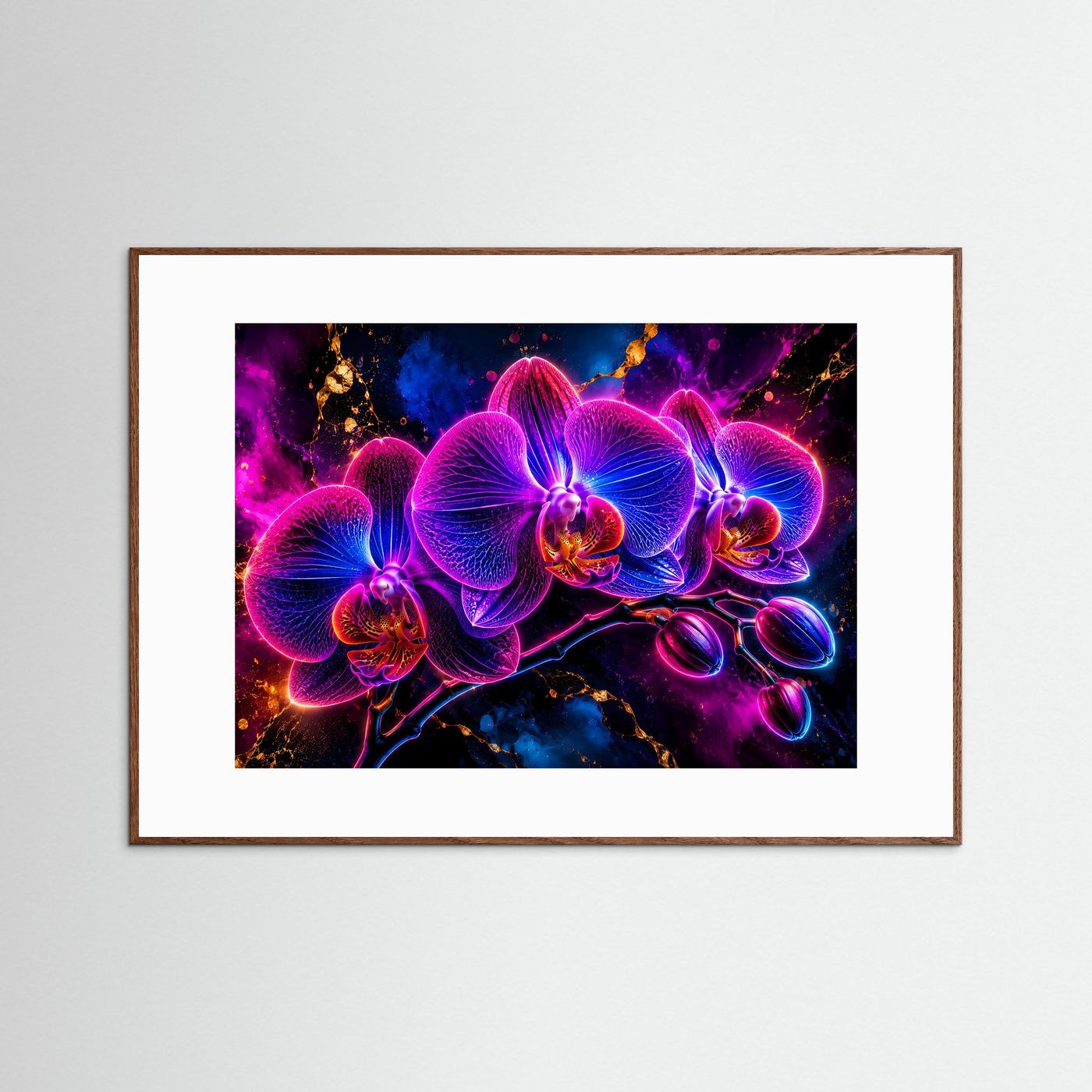 Leuchtende Neon-Orchideen in Pink & Blau | Modernes Abstraktes Blumen Poster Querformat