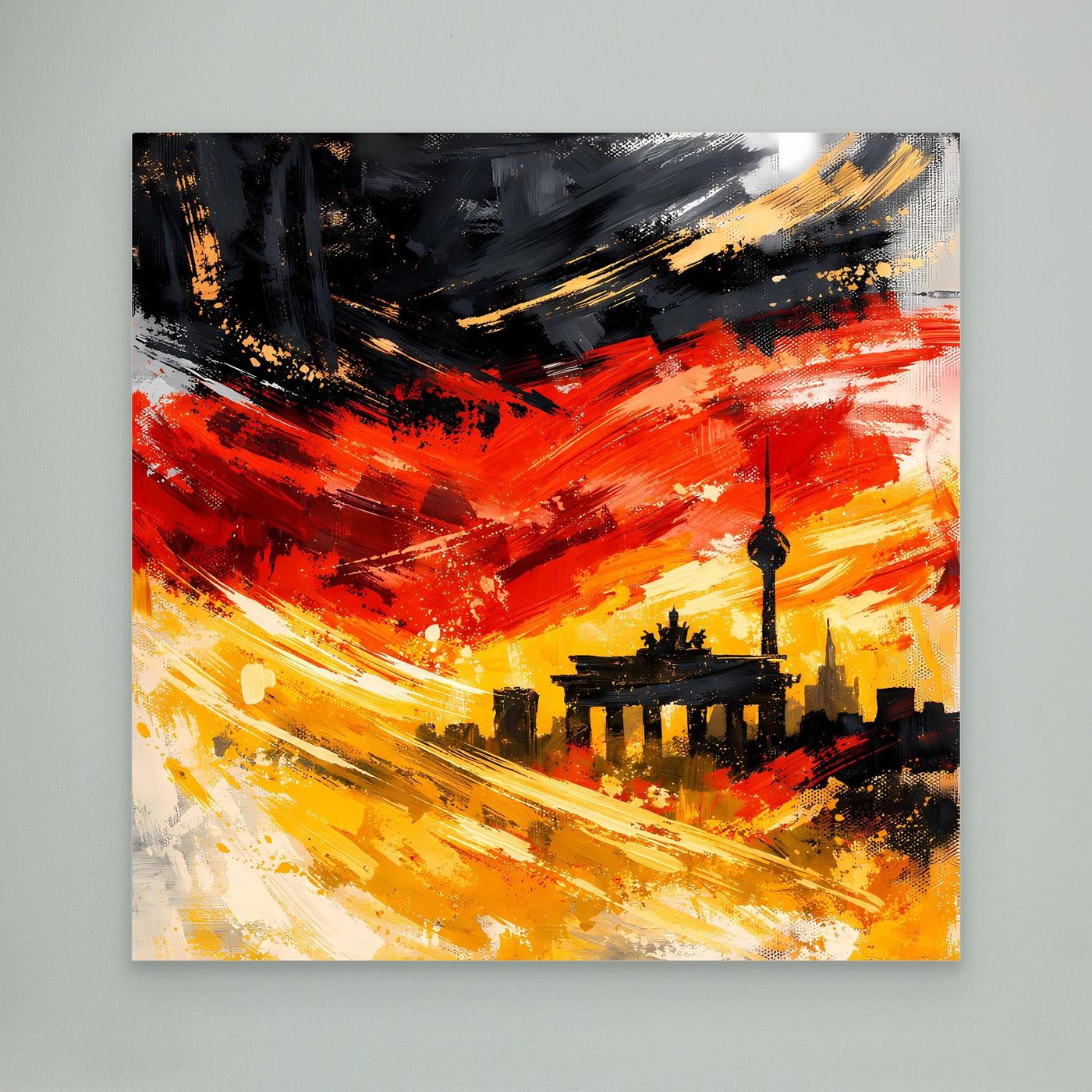 Leinwandbild Skyline Berlin, Nahansicht der abstrakten Skyline mit roten und goldenen Pinselstrichen