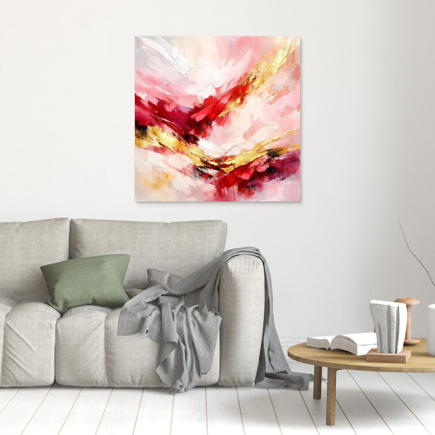 Kleines Leinwandbild mit abstrakten Pinselstrichen in Rosé und Rot, goldene Akzente