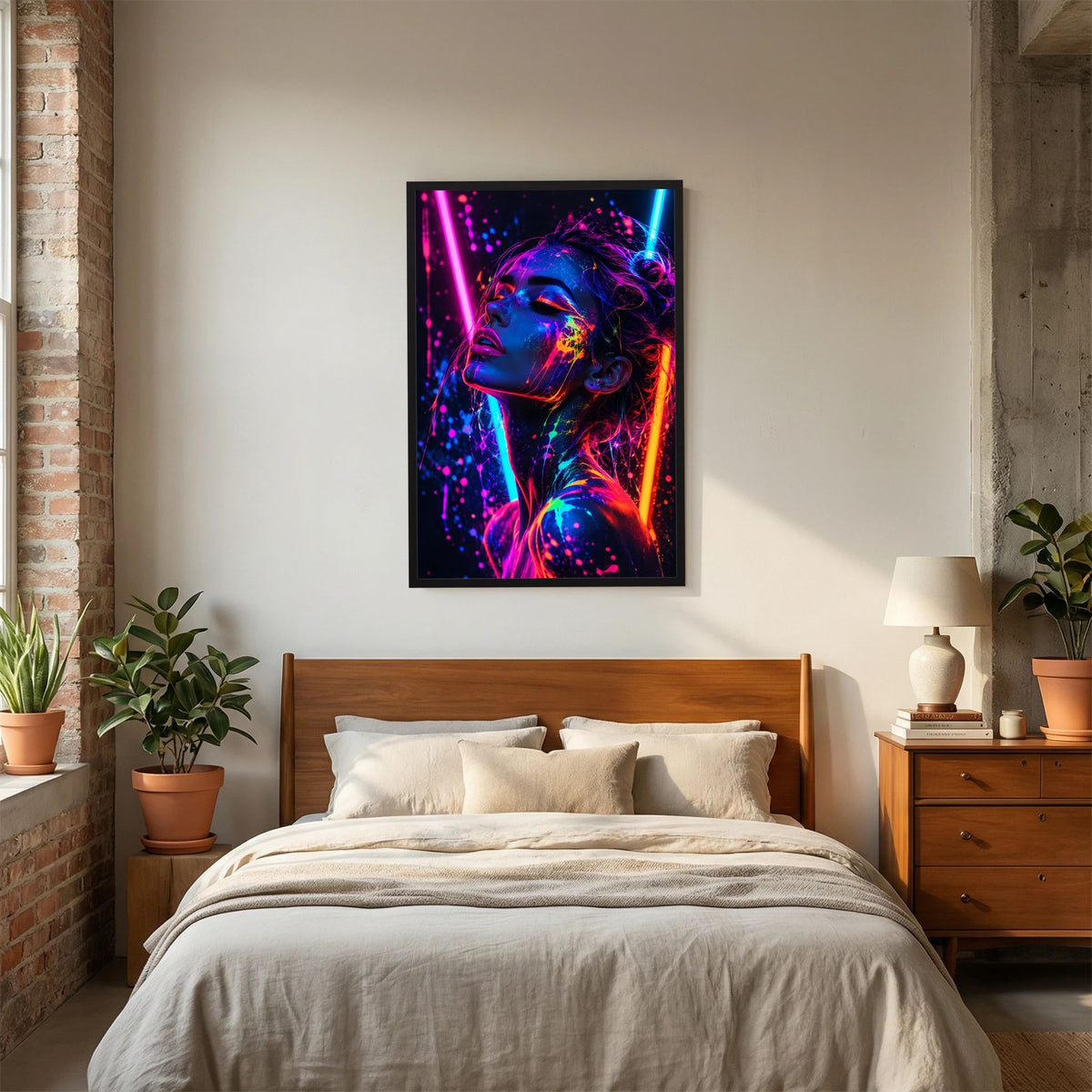 Neon-Porträt-Poster mit schwarzem Rahmen: Frau seitlich, bunte Farbkleckse
