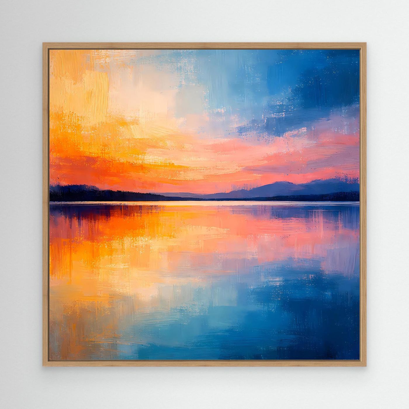 Abstraktes Wandbild auf Leinwand im Eichenrahmen mit See-Spiegelung in Blau, Orange, Rosa