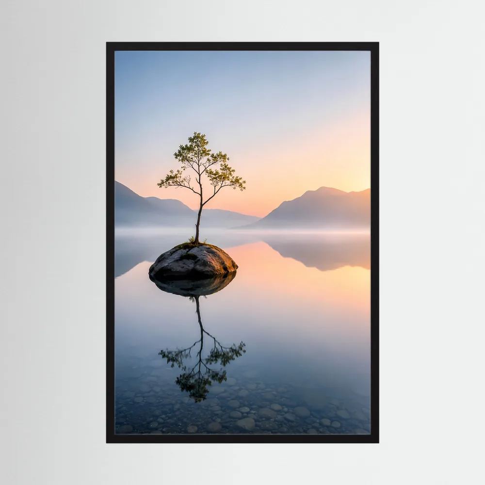 Hochformat-Kunstposter mit einsamem Baum auf Fels im Bergsee, Morgenhimmel und Berge.
