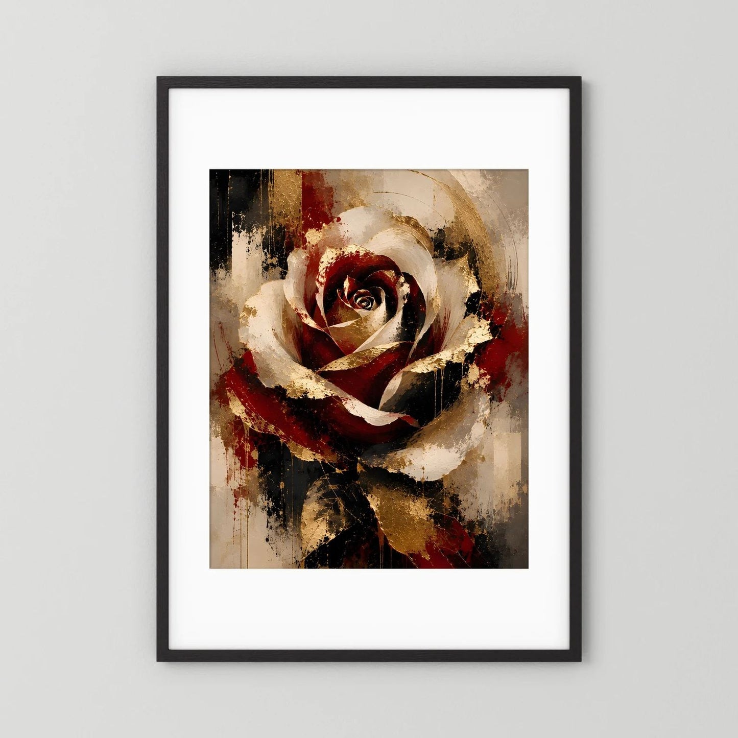 Gerahmtes Poster im Hochformat mit abstrakter Rose in Rot, Gold und Schwarz