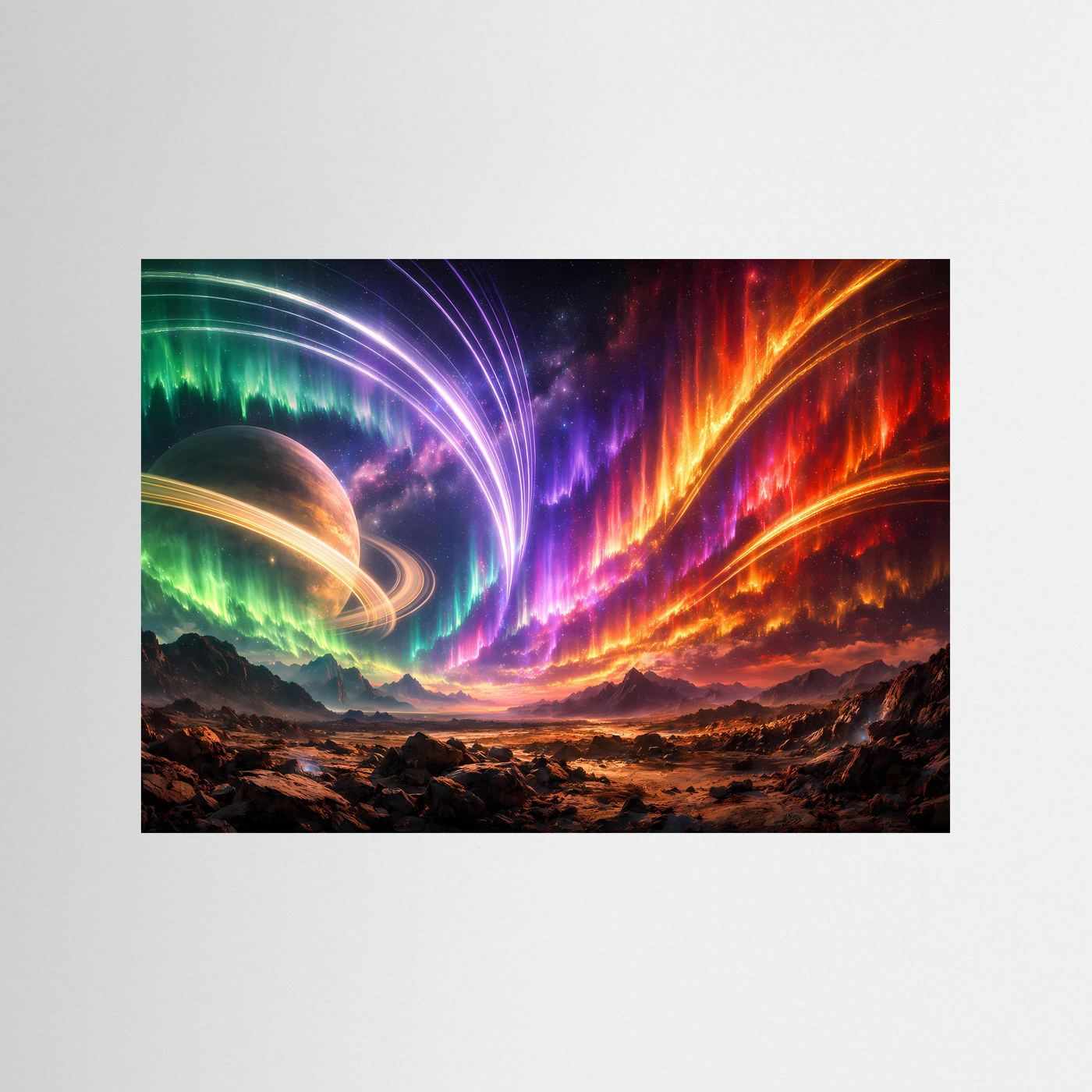 Querformat-Poster mit Polarlicht- und Ringplanet-Motiv, ohne Rahmen