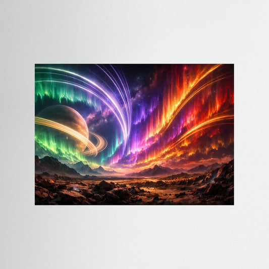 Querformat-Poster mit Polarlicht- und Ringplanet-Motiv, ohne Rahmen