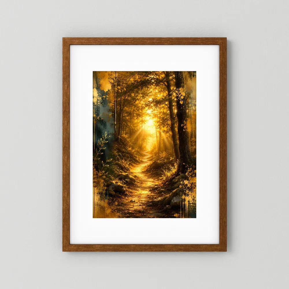 Wandposter Waldweg mit Sonnenlicht, brauner Rahmen mit weißem Passepartout