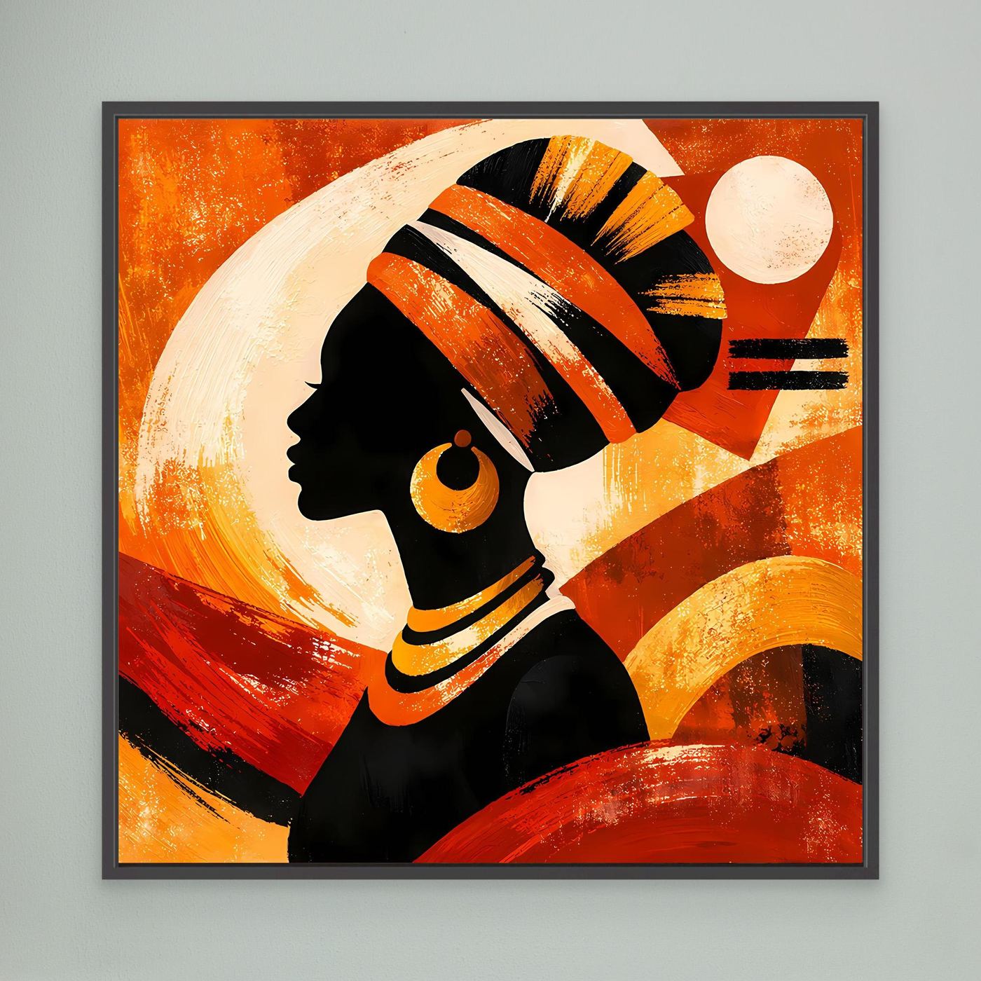 Leinwandbild mit Porträt einer Frau im schwarzen Rahmen, orange-goldene Ethno-Illustration