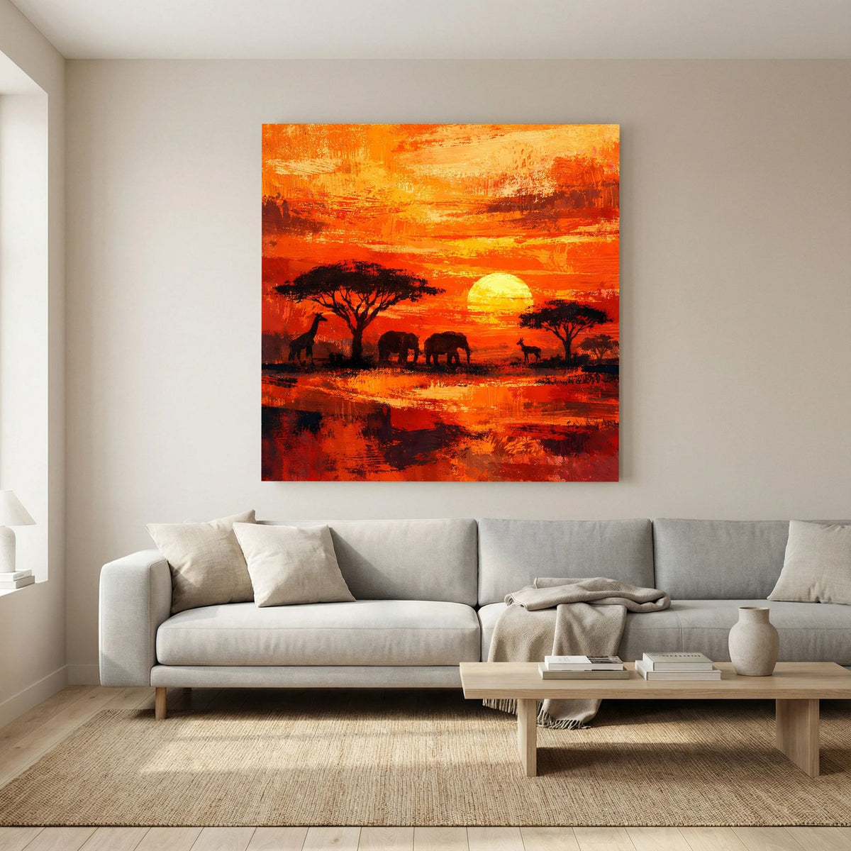 Leinwand-Wandbild: Sonnenuntergang über Savanne, schwarze Tier- und Baumsilhouetten mit Reflexion