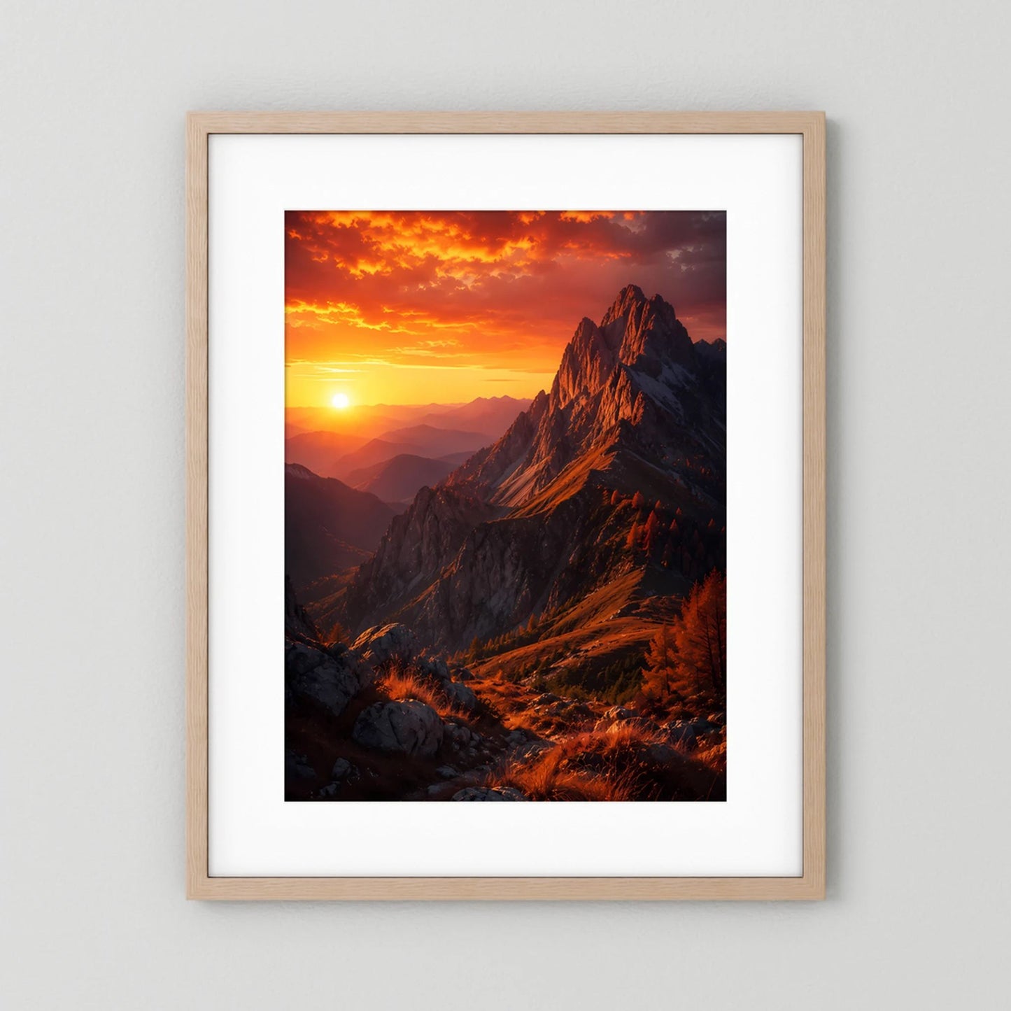Poster im Hochformat mit Berggipfeln bei Sonnenuntergang, naturfarbener Holzrahmen, weißer Rand