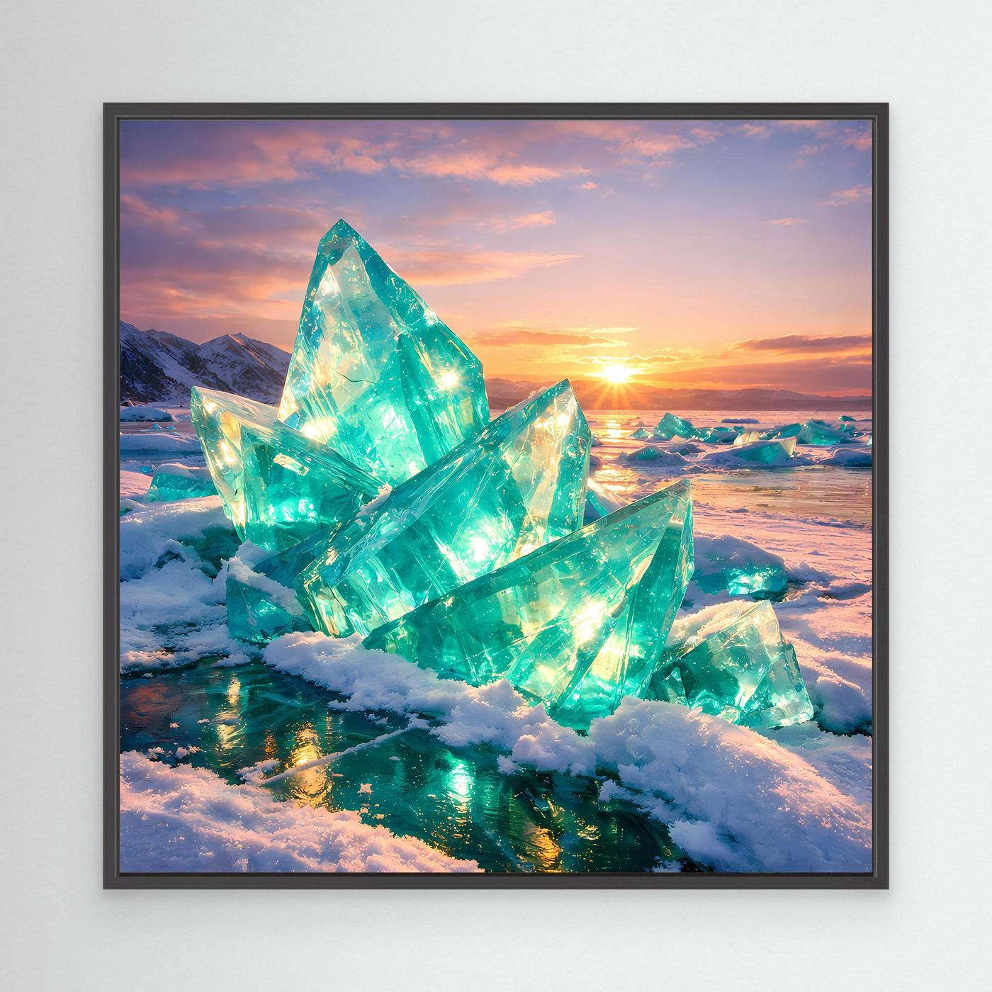 Leinwandbild mit türkisfarbenen Eiskristallen im Winter bei Sonnenuntergang, schwarzer Rahmen