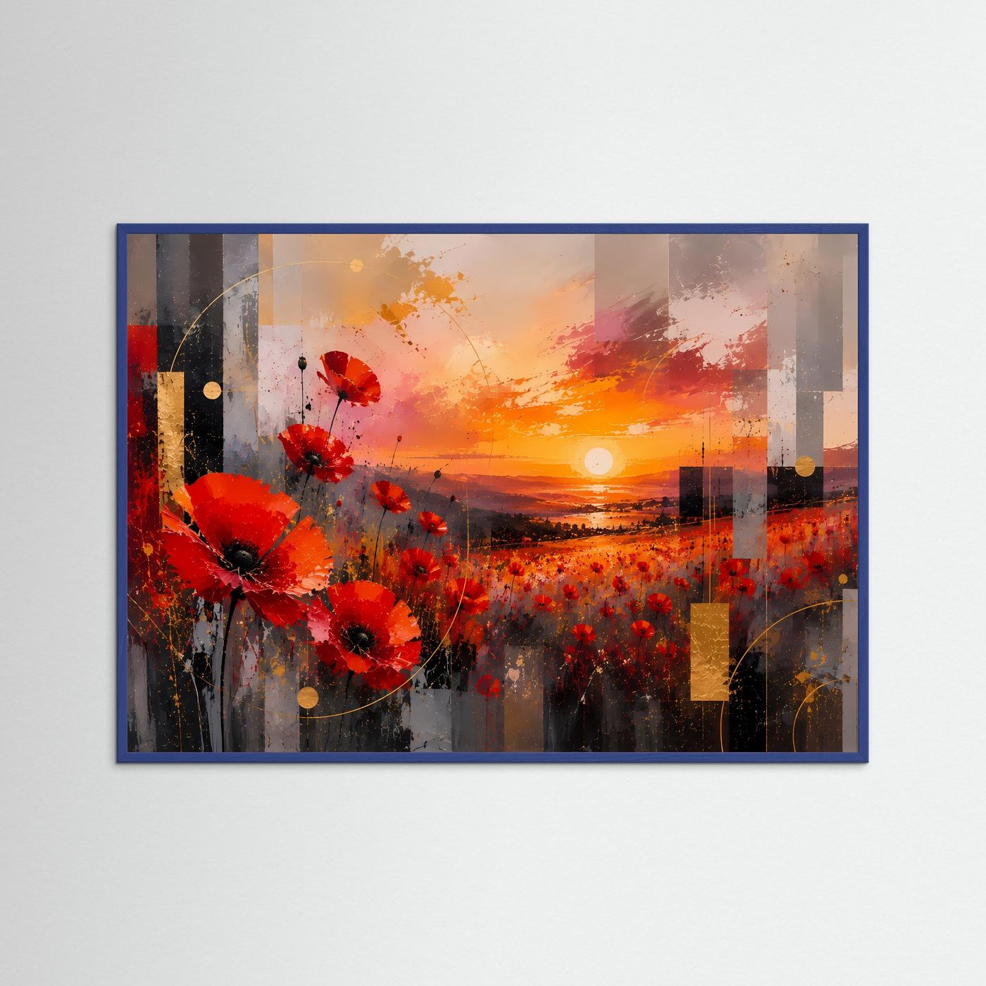 Abstrakter Kunstdruck mit roten Mohnblumen und orangefarbenem Sonnenuntergang im blauen Rahmen