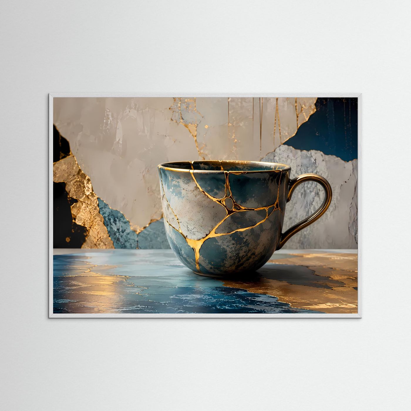 Kintsugi Philosophie | Elegante Teetasse & Marmor Poster mit Gold-Akzenten