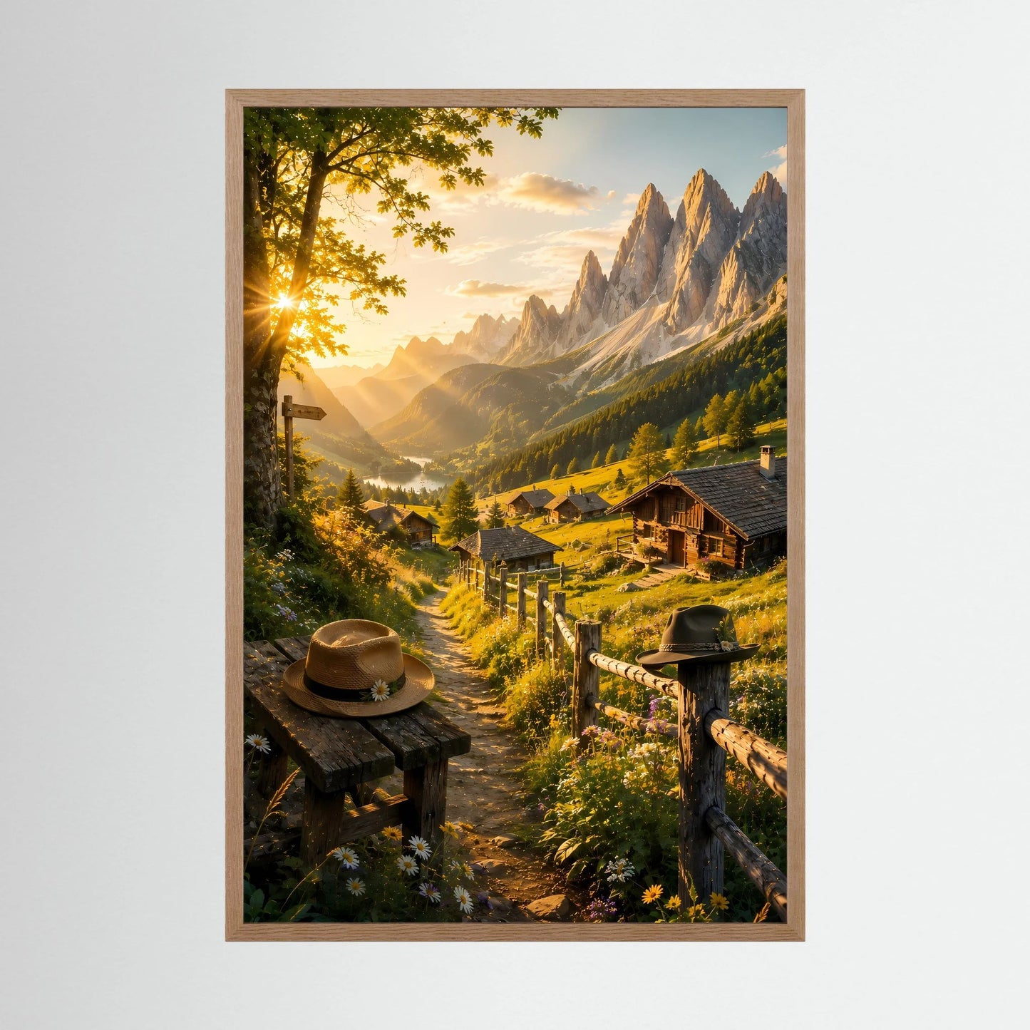 Hochformat-Poster im Holzrahmen mit Alpenlandschaft, Berghütten, goldenem Licht und Gipfeln