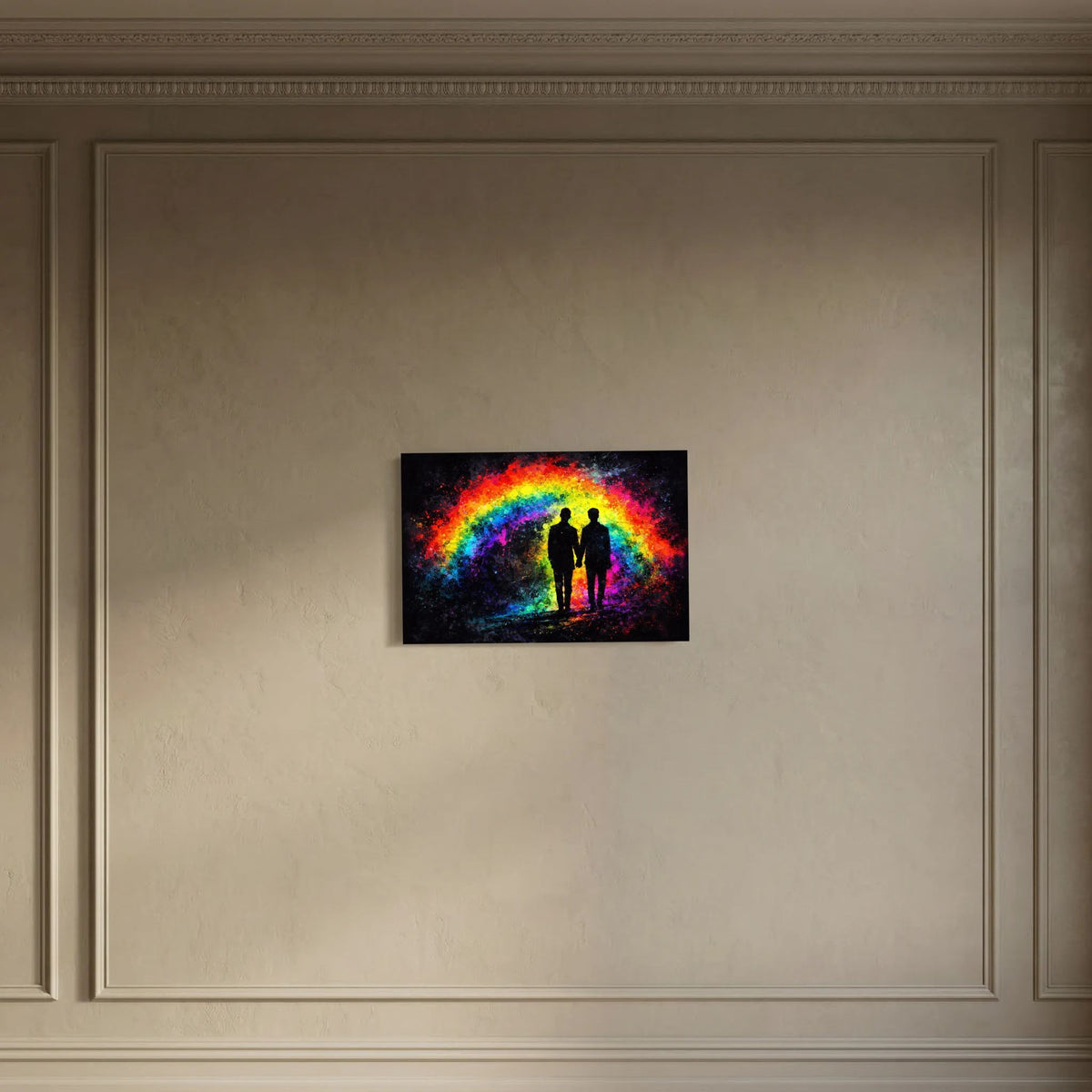 Gerahmtes Wandbild an geformter Wandverkleidung: Silhouettenpaar im Regenbogenlicht