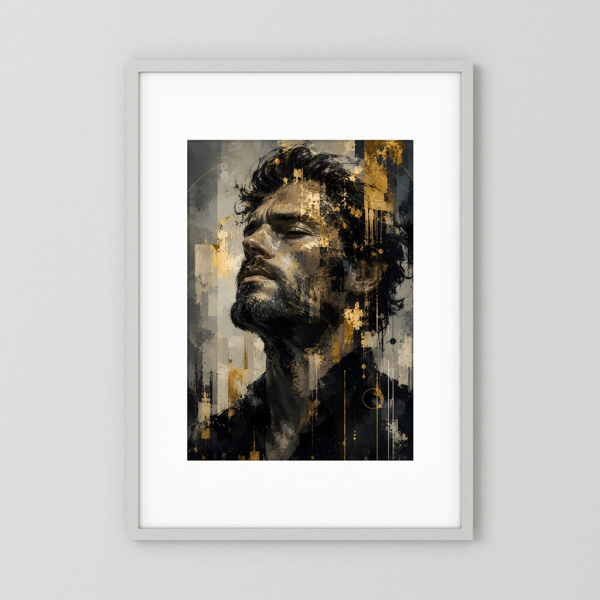 Kunstposter mit abstraktem Männerporträt in Schwarz, Grau und Gold, Hochformat