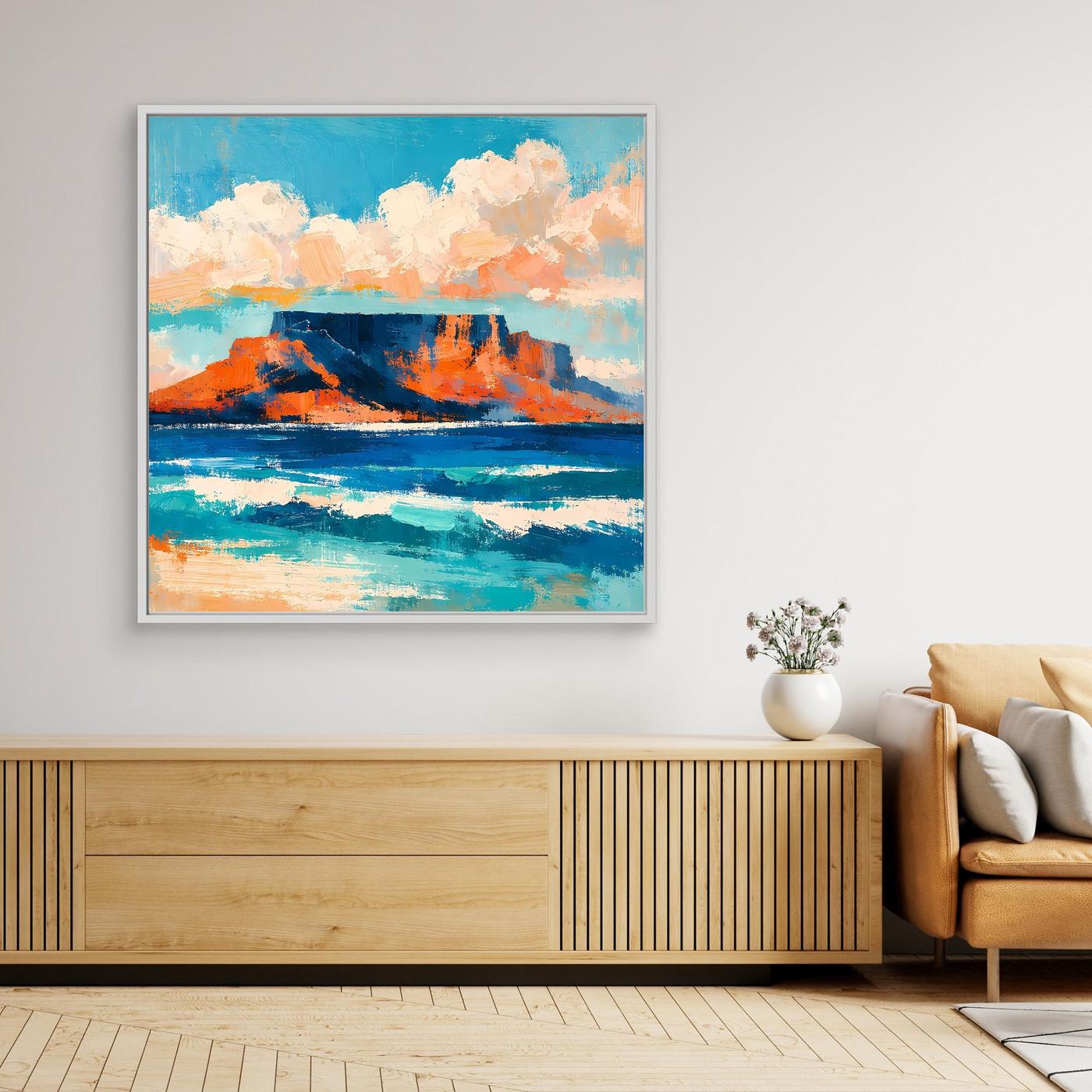 Leinwand-Wandbild mit weißem Rahmen: abstrakte Küstenszene mit Tafelberg und Meer