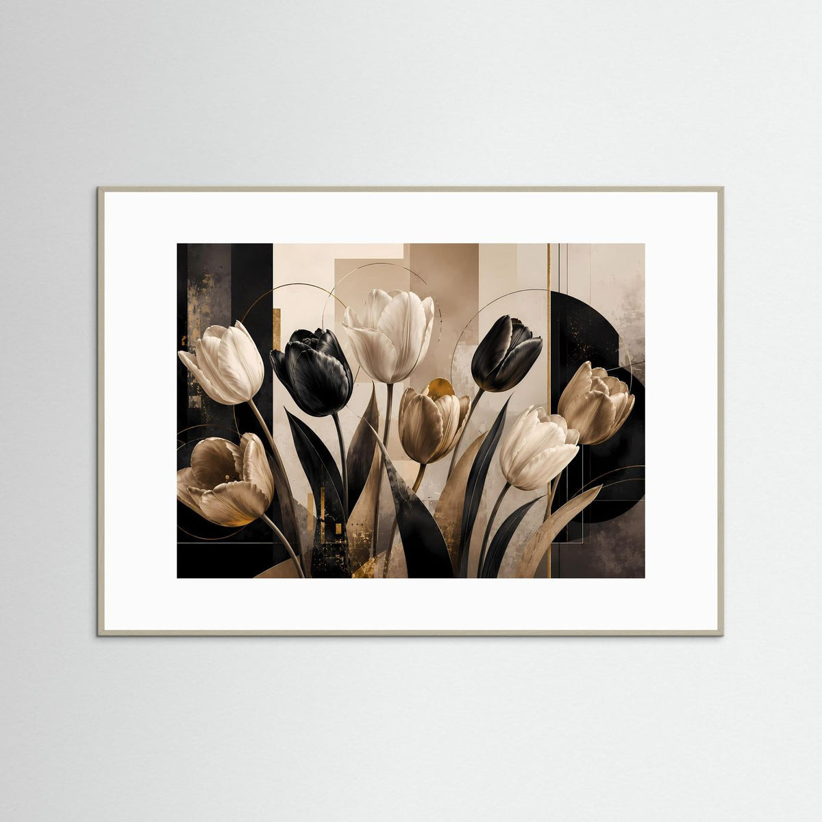 Abstraktes Tulpenposter im Querformat, schwarz-creme mit Goldakzenten, weißer Rahmen