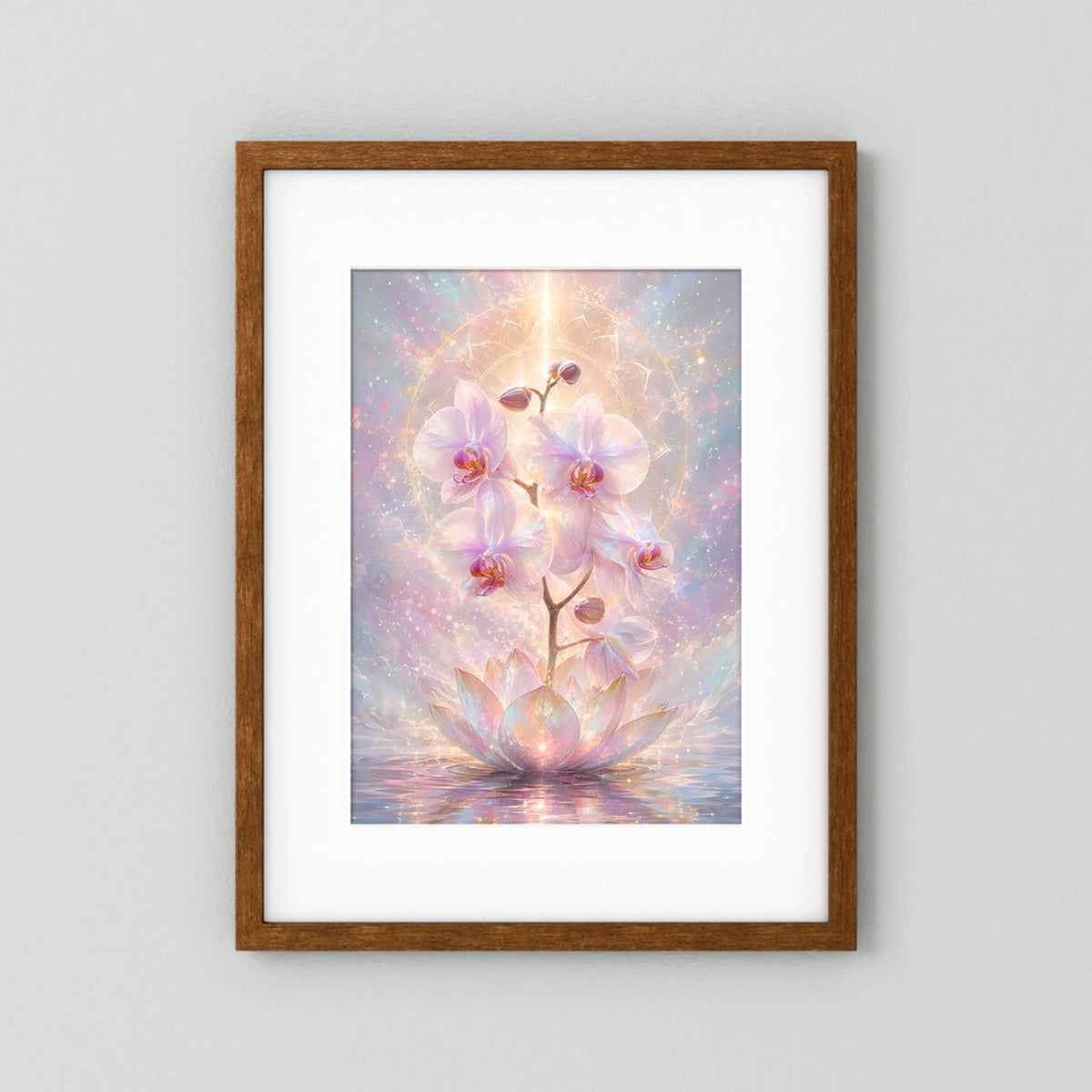 Hochformat-Poster mit Orchideen- und Lotusblüten in Pastell, Gold-Glanz, brauner Holzrahmen