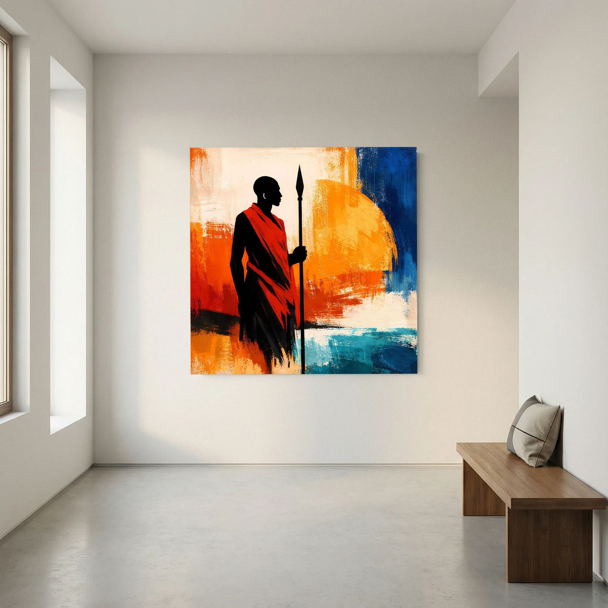 Quadratisches Wandbild: Krieger-Silhouette in Schwarz mit rotem Umhang, Speer vor Orange-Blau.