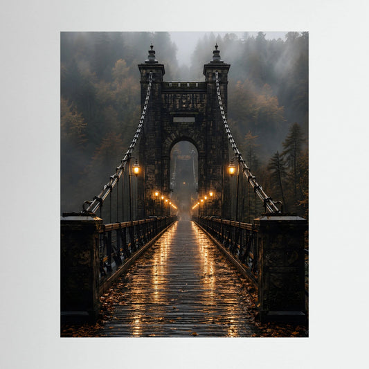 Poster: Hängebrücke im Nebelwald mit leuchtenden Laternen auf dem Weg.