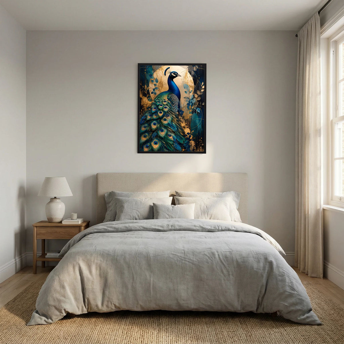 Poster mit Pfau-Motiv in Blau und Gold, schwarz gerahmt