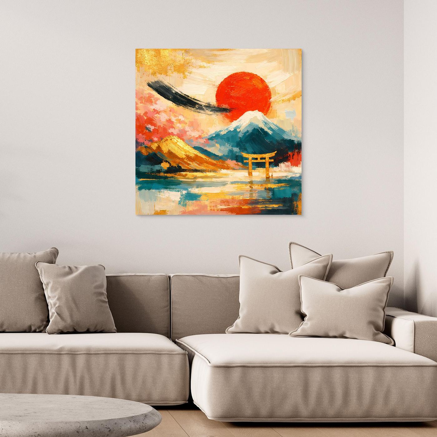 Leinwandbild mit japanischem Torii-Tor, roter Sonne und Gebirge, goldener Rahmen