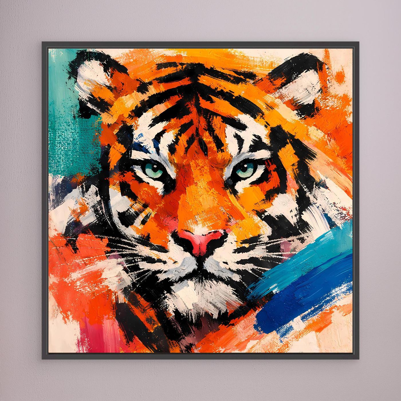 Abstract tiger canvas wall art with orange, teal, and white paints; black frame.
