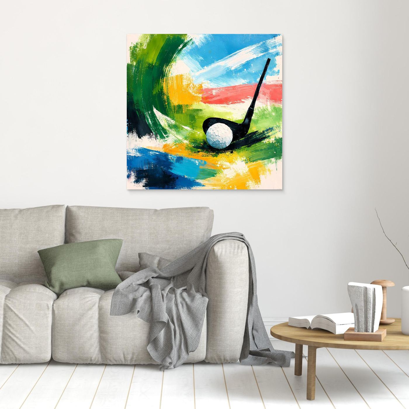 Abstraktes Golf-Wandbild auf Leinwand mit schwarzem Schläger und weißem Ball, kleiner Rahmen