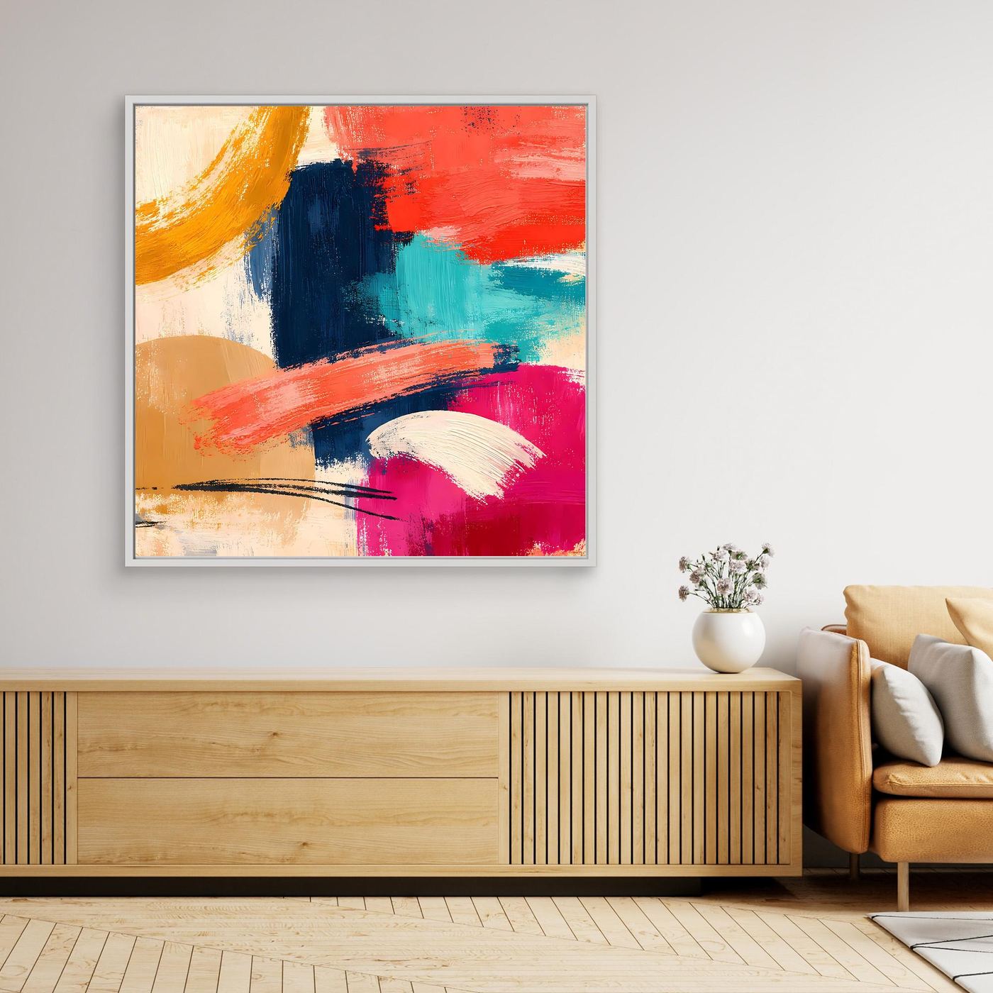 Gerahmtes Leinwandbild mit bunten abstrakten Pinselstrichen in Rot, Blau und Pink