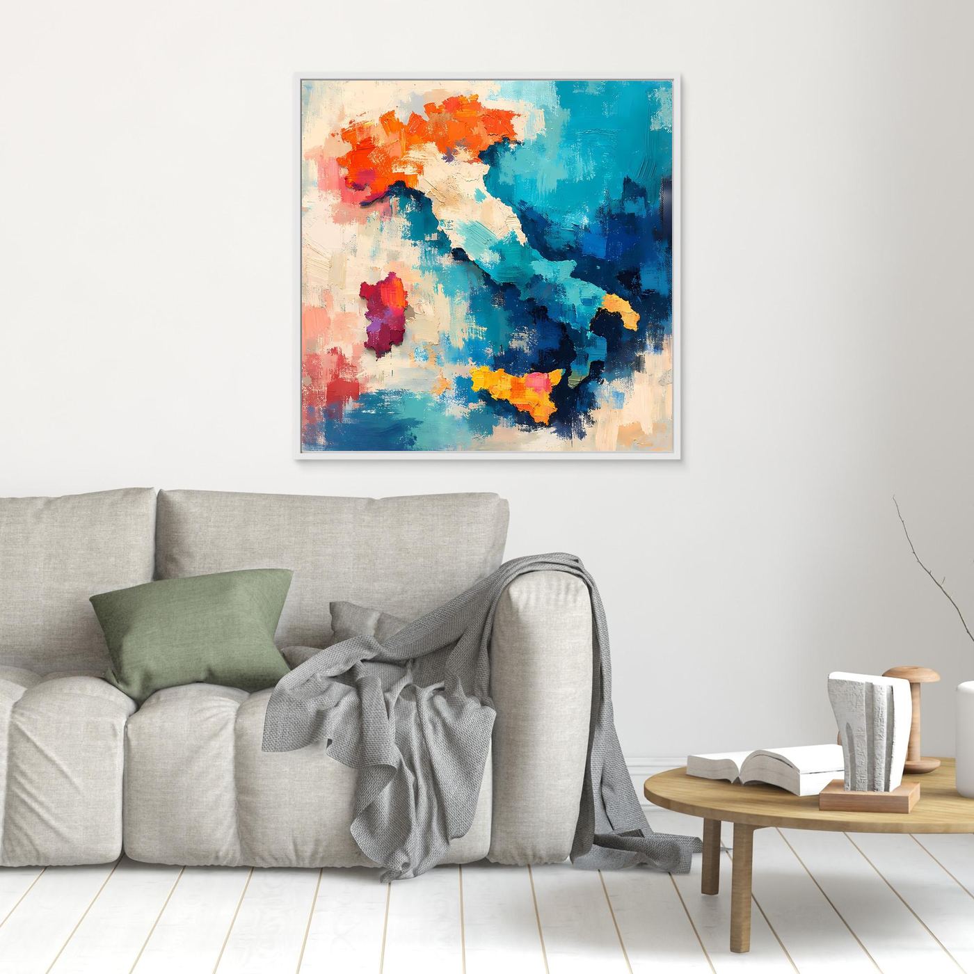 Small abstract Italy map canvas wall art with no visible frame, blue and orange paint textures.