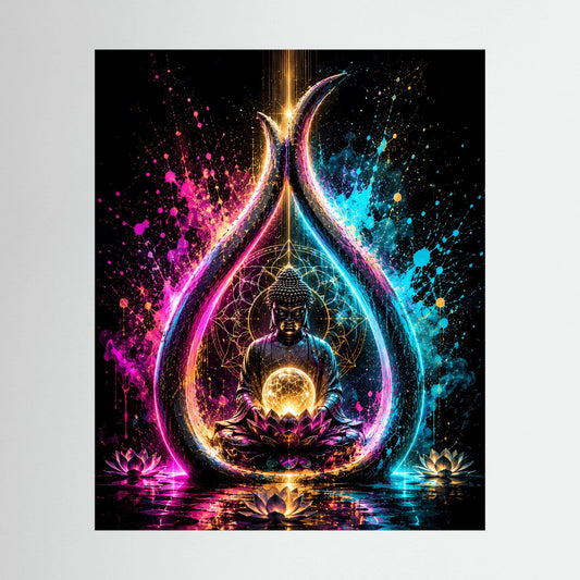 Neonenergie-Poster: Meditierender Buddha auf Lotus mit leuchtender Energiekugel, quadratisch.