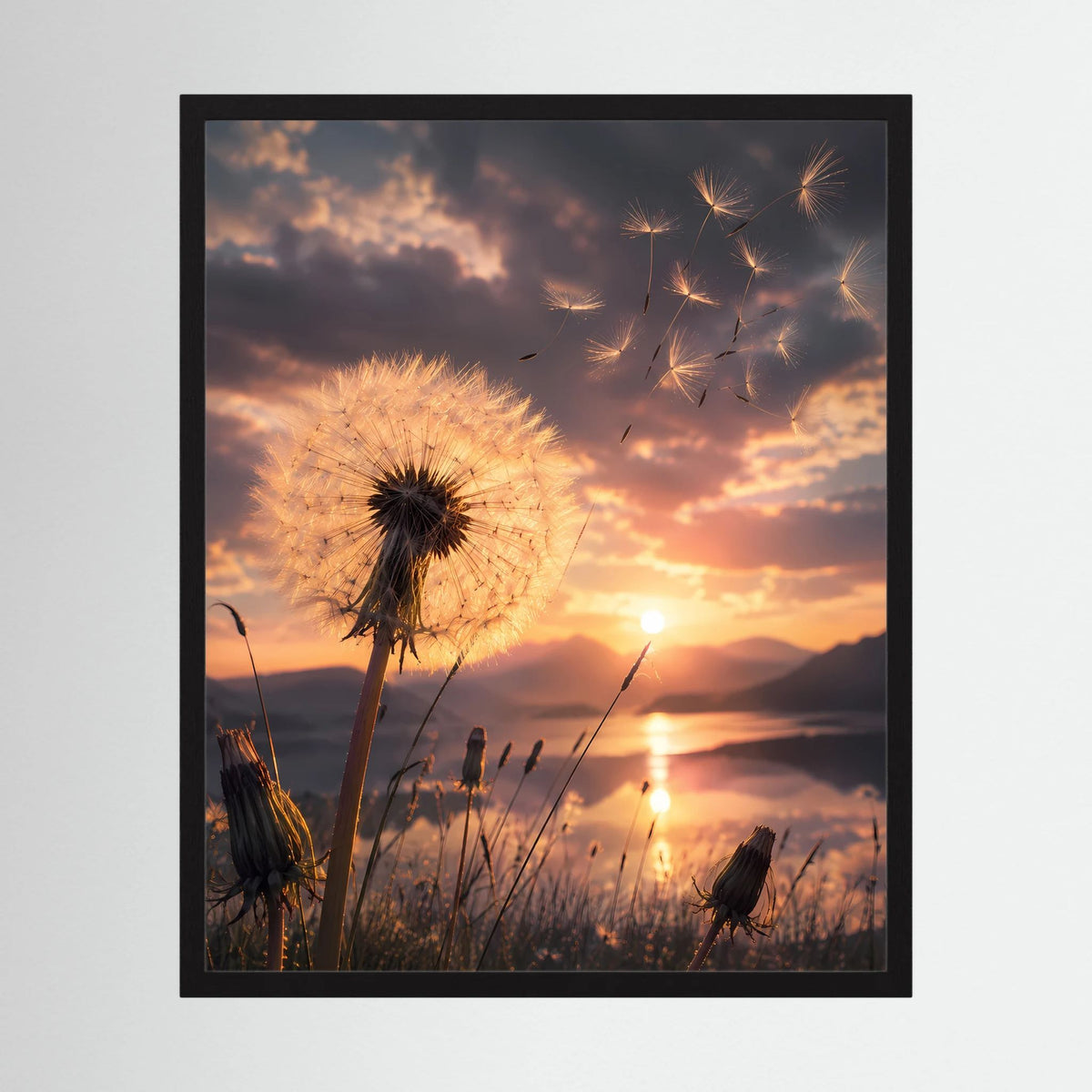 Poster im Hochformat mit Pusteblume am Sonnenuntergang, im schwarzen Rahmen