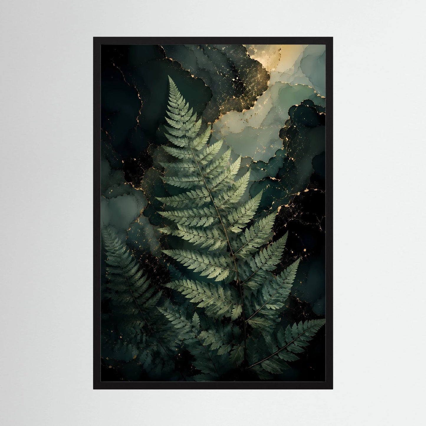 Kunstposter mit Farnmotiv in Dunkelgrün und Gold, schwarz gerahmt, Hochformat