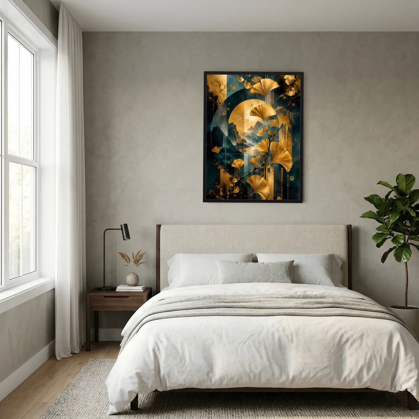 Gerahmtes Wandposter: goldene Ginkgo-Blätter vor abstrakten, nebligen Bergen