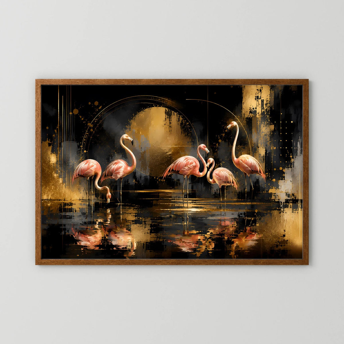 Poster mit abstrakten Flamingos in Rosa, Schwarz und Gold im dunklen Holzrahmen