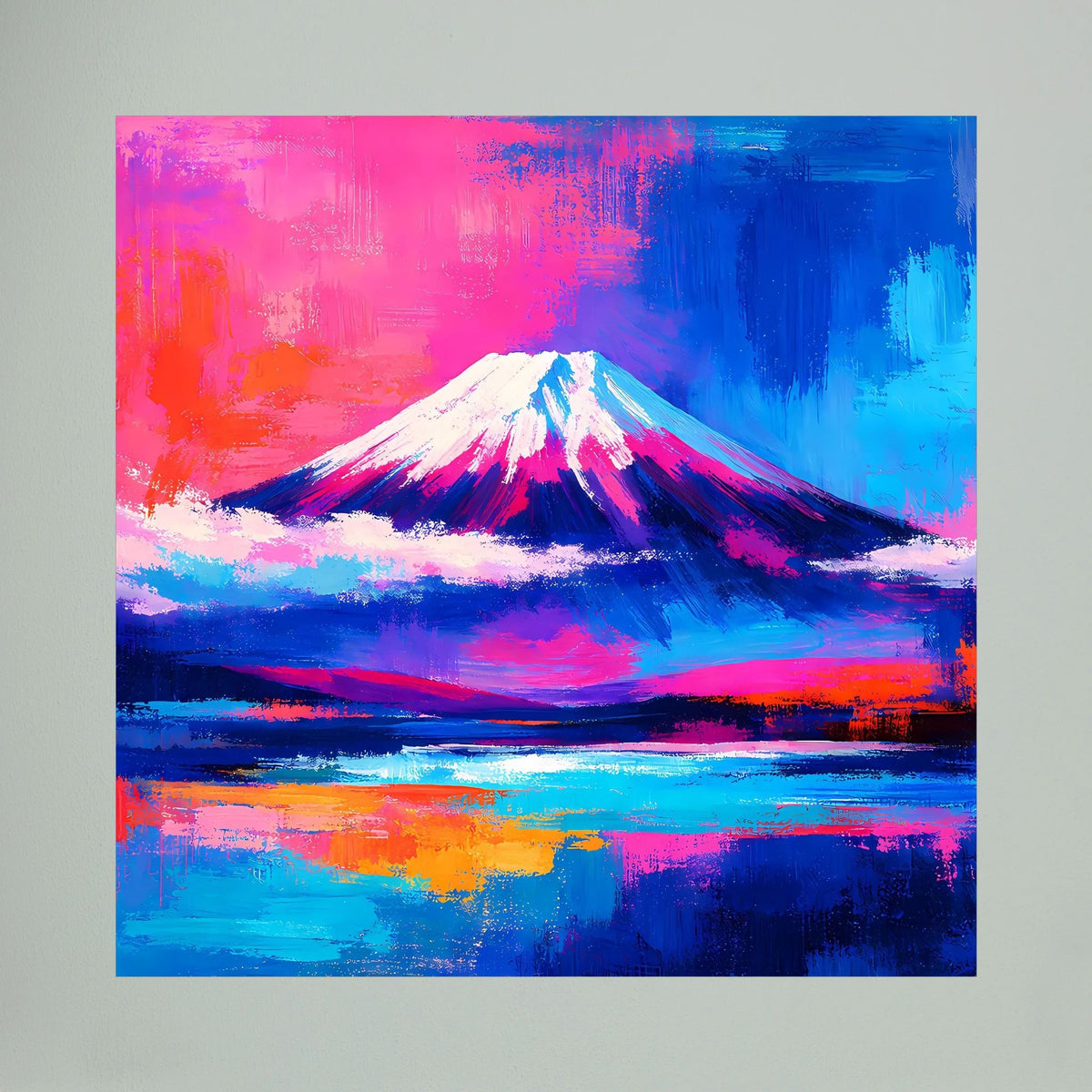 Abstraktes Leinwandbild: Fuji-Berg mit weißem Gipfel, pink-blauem Sonnenuntergang