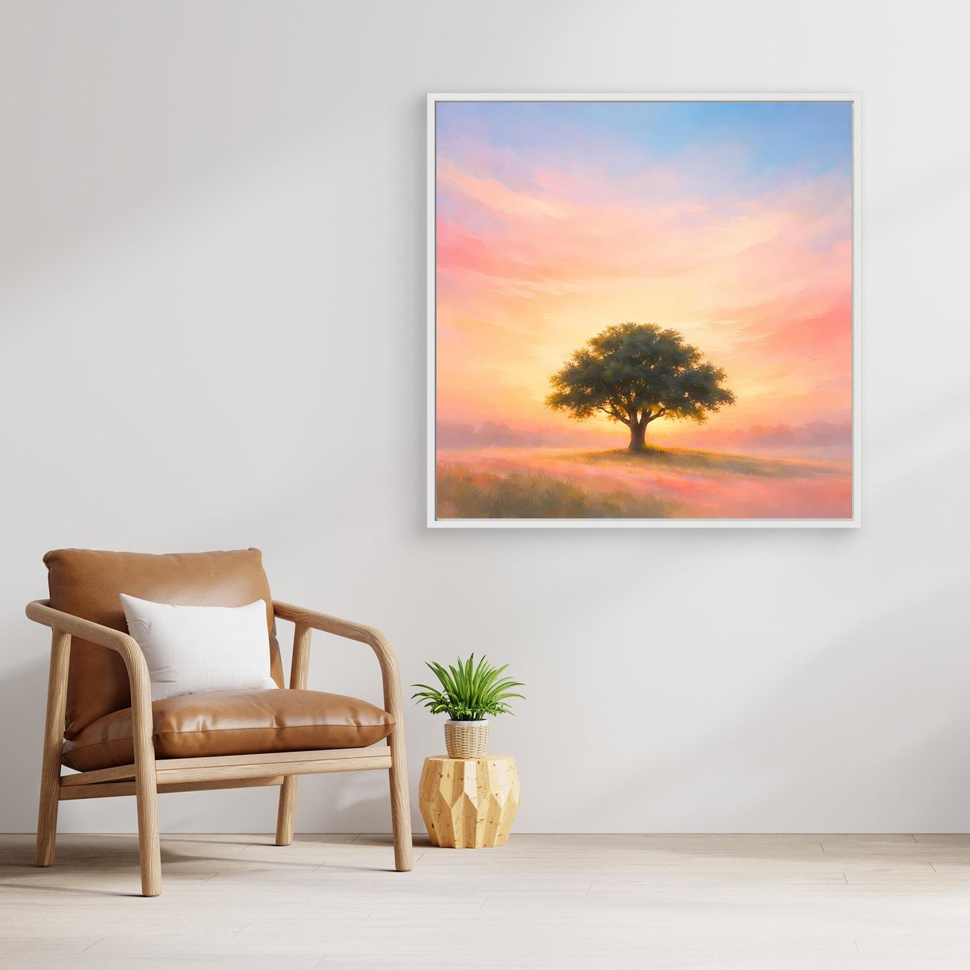 Leinwandbild einsamer Baum im Sonnenaufgang, Pastell, mit weißem Rahmen