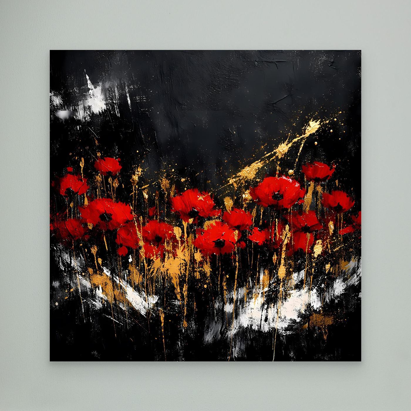 Leinwand Rote Mohnblumen mit Gold-Akzenten | Modernes Florales Wandbild Abstrakt