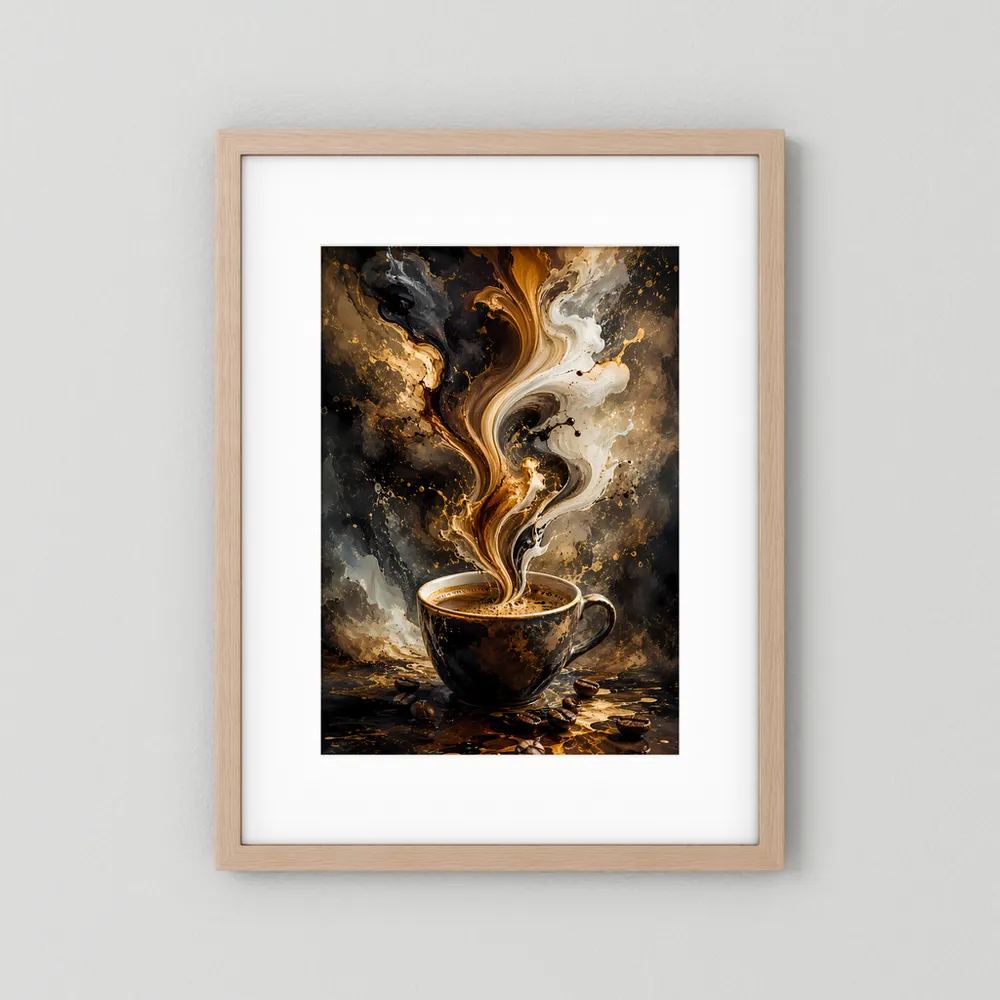 Hochformat-Poster im hellbraunen Rahmen mit weißem Rand und Kaffeetasse.