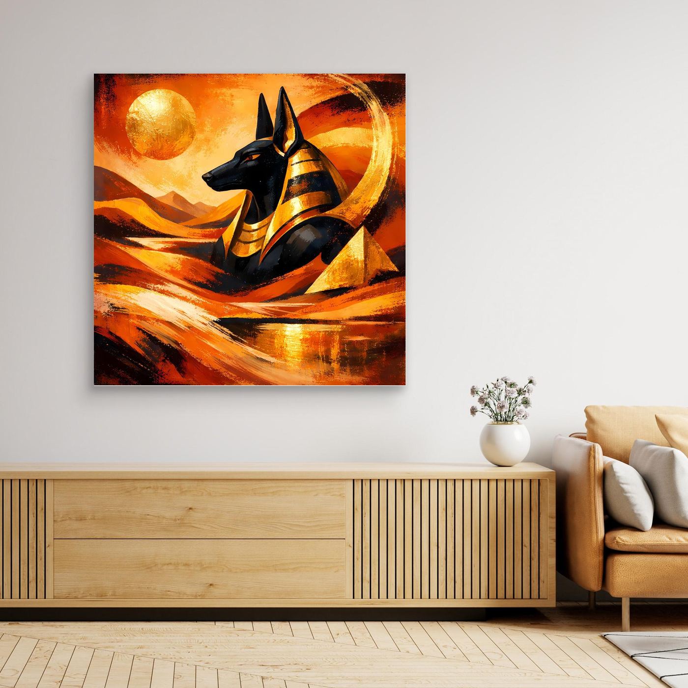 Gerahmtes Leinwandbild mit Anubis-Figur, Gold-Orange-Sonnenkreis und dunkler Schakalkopf-Form