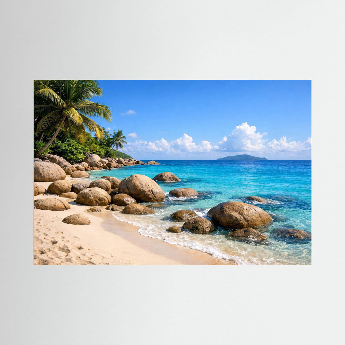 Poster im Querformat mit Traumstrand, türkisblauem Meer und Granitfelsen